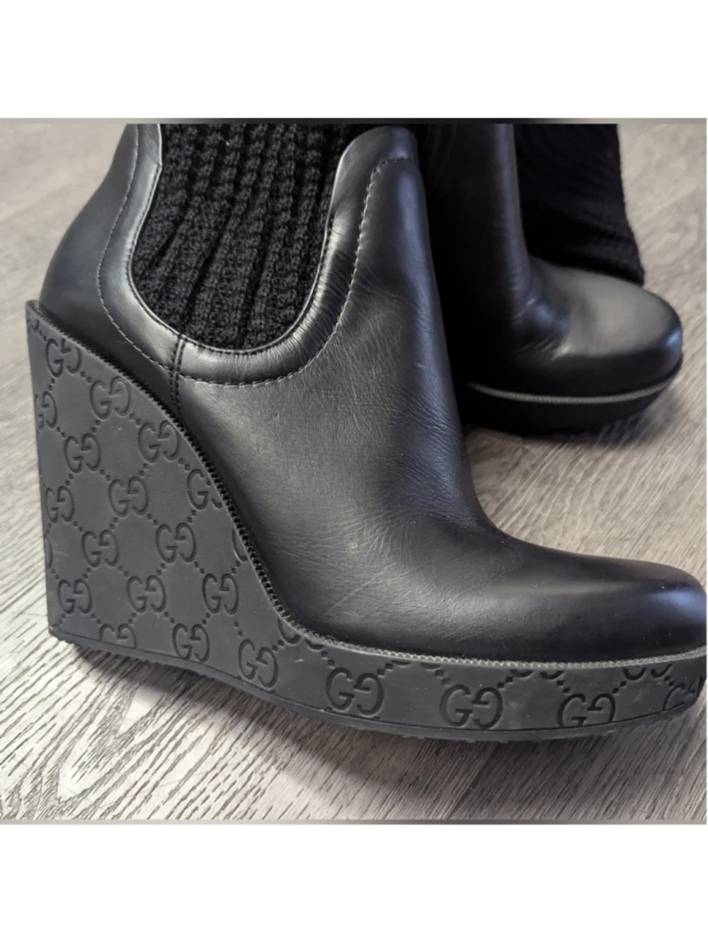 3X HP. GUCCI Black Leather GG Aspen Wool Babylon Knee High Wedge Boots